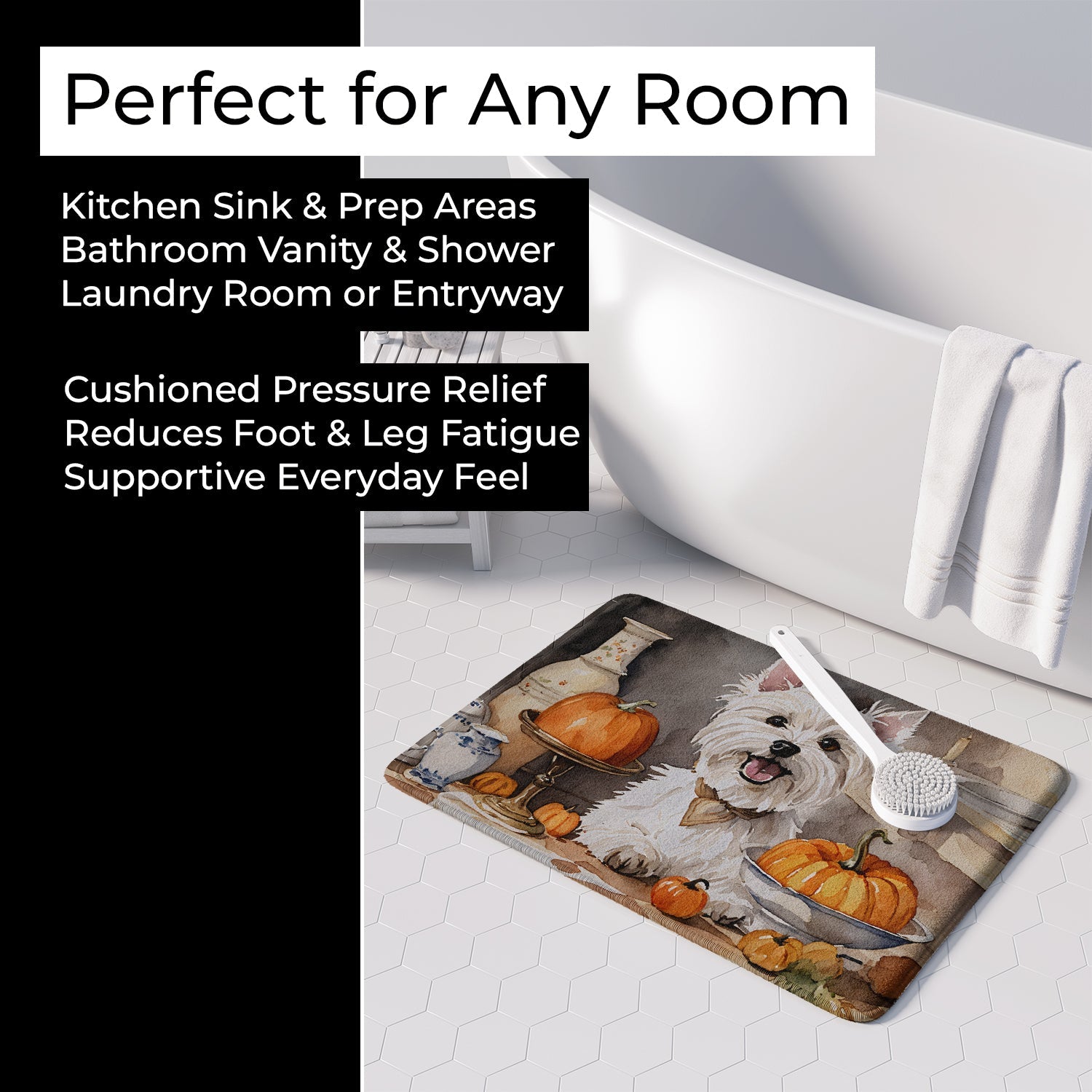 Westie Fall Kitchen Pumpkins Memory Foam Kitchen Mat Machine Washable Anti-Fatigue Cushion Comfort Bath or Kitchen Rug