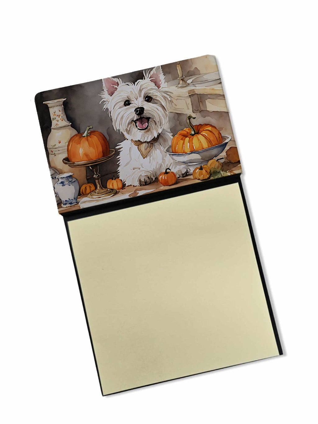 Westie Fall Kitchen Pumpkins Watercolor Sticky Note Holder Refillable Dispenser Desk Accessory 3x3 Pad Gift