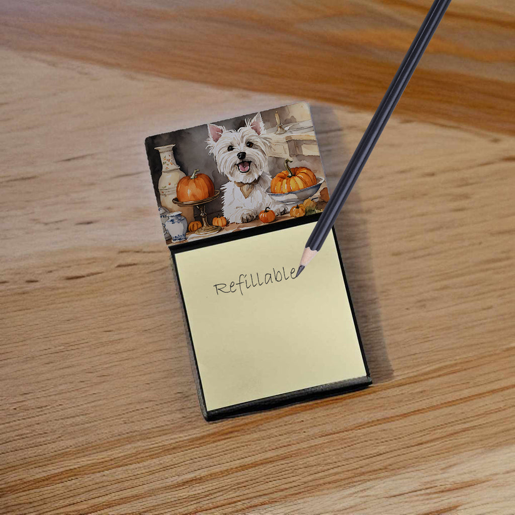 Westie Fall Kitchen Pumpkins Watercolor Sticky Note Holder Refillable Dispenser Desk Accessory 3x3 Pad Gift