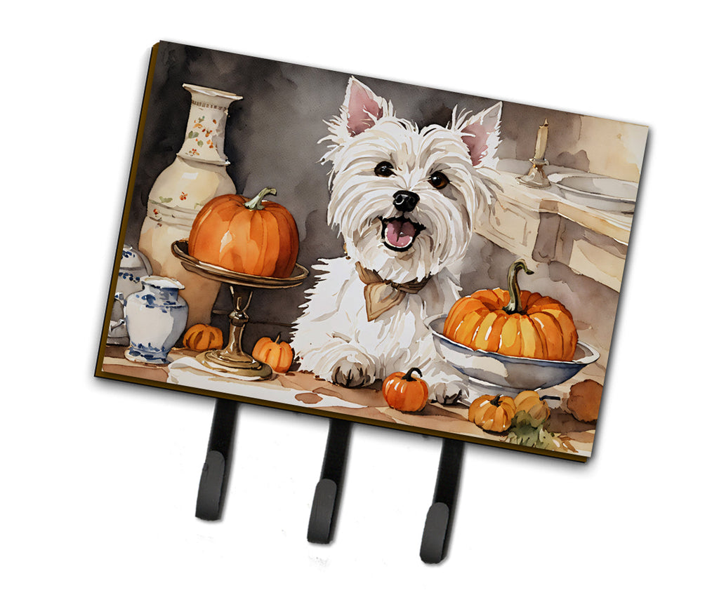 Westie Fall Kitchen Pumpkins Leash or Key Holder Wall Hooks, Coat Rack Wall Mount, for Hanging Keys, Towels, Aprons, Leashes