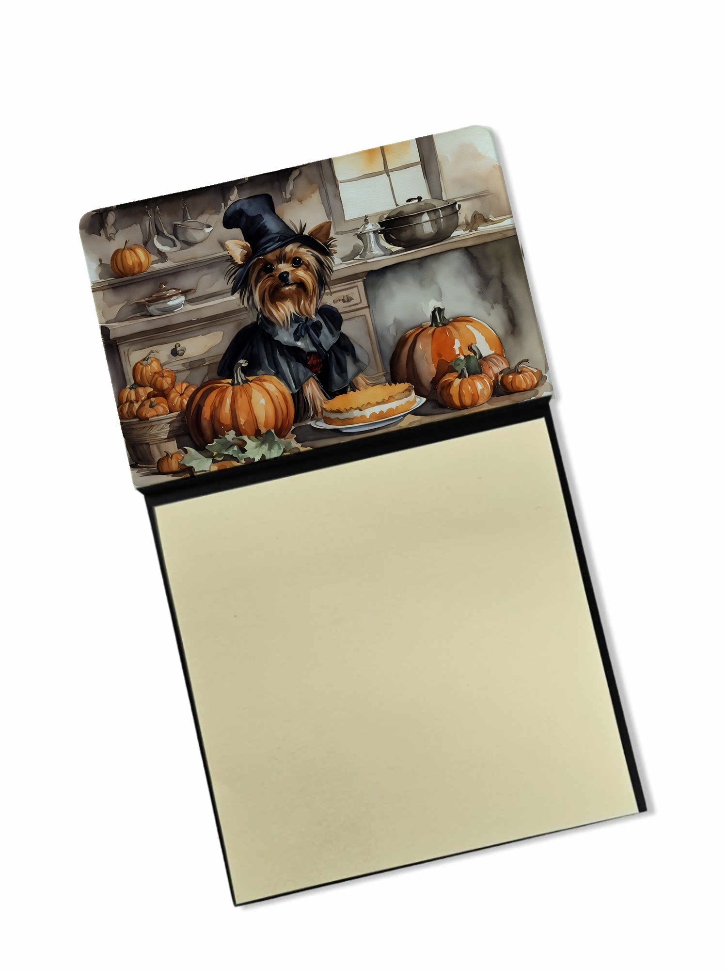 Yorkie Fall Kitchen Pumpkins Watercolor Sticky Note Holder Refillable Dispenser Desk Accessory 3x3 Pad Gift