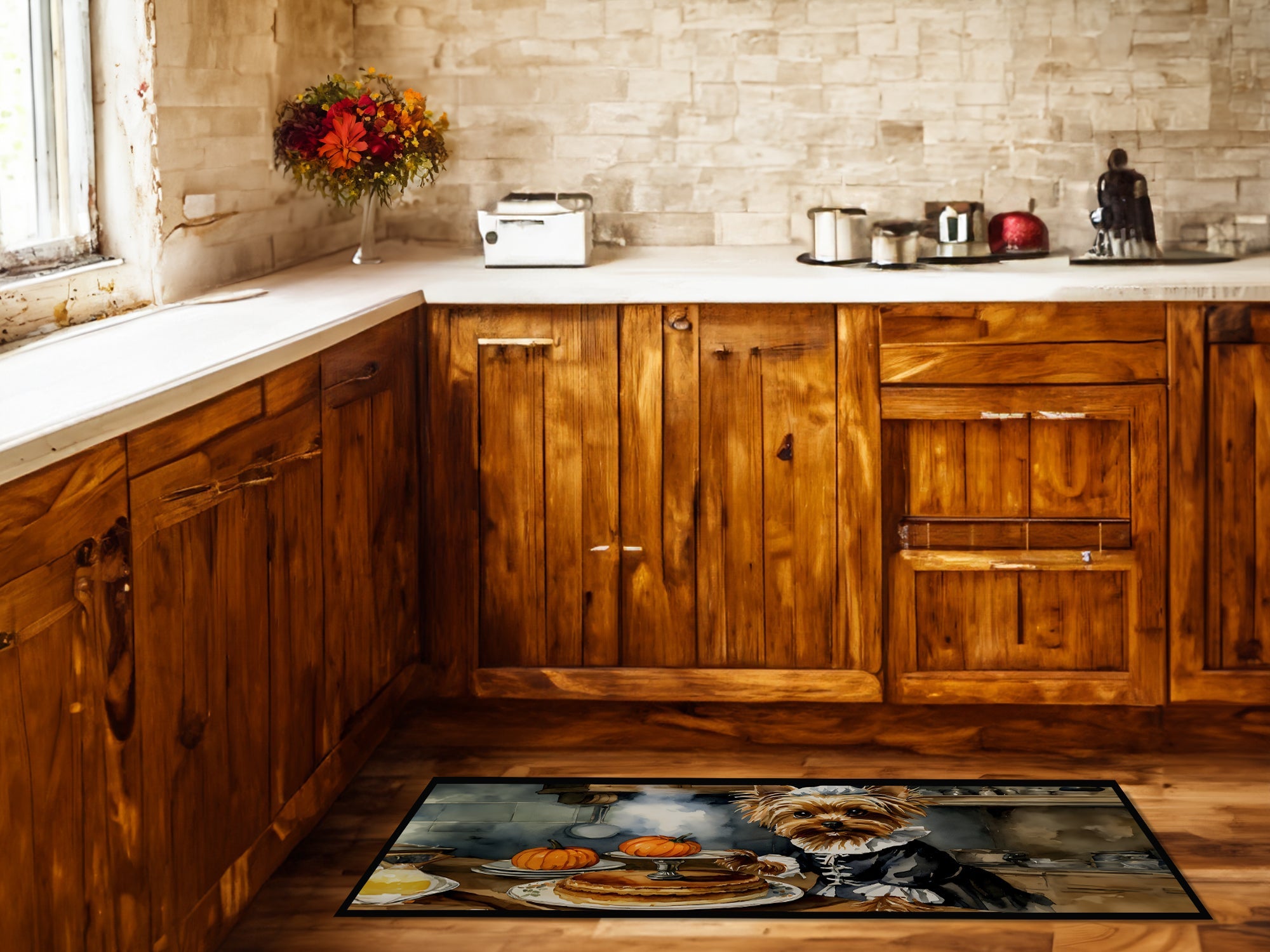 Yorkie Fall Kitchen Pumpkins Runner Mat 28x58 Front Door Mat Indoor Outdoor Rugs for Entryway Hallway Foyer Non Slip Washable Wide Doormat