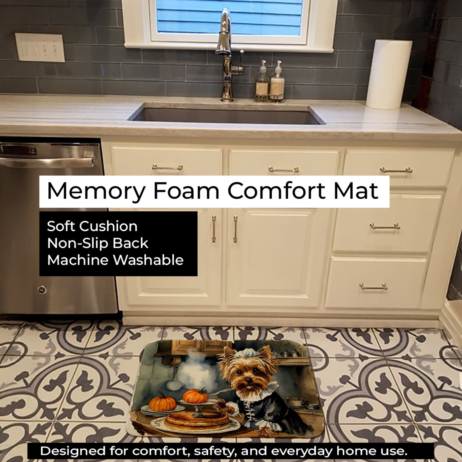Yorkie Fall Kitchen Pumpkins Memory Foam Kitchen Mat Machine Washable Anti-Fatigue Cushion Comfort Bath or Kitchen Rug