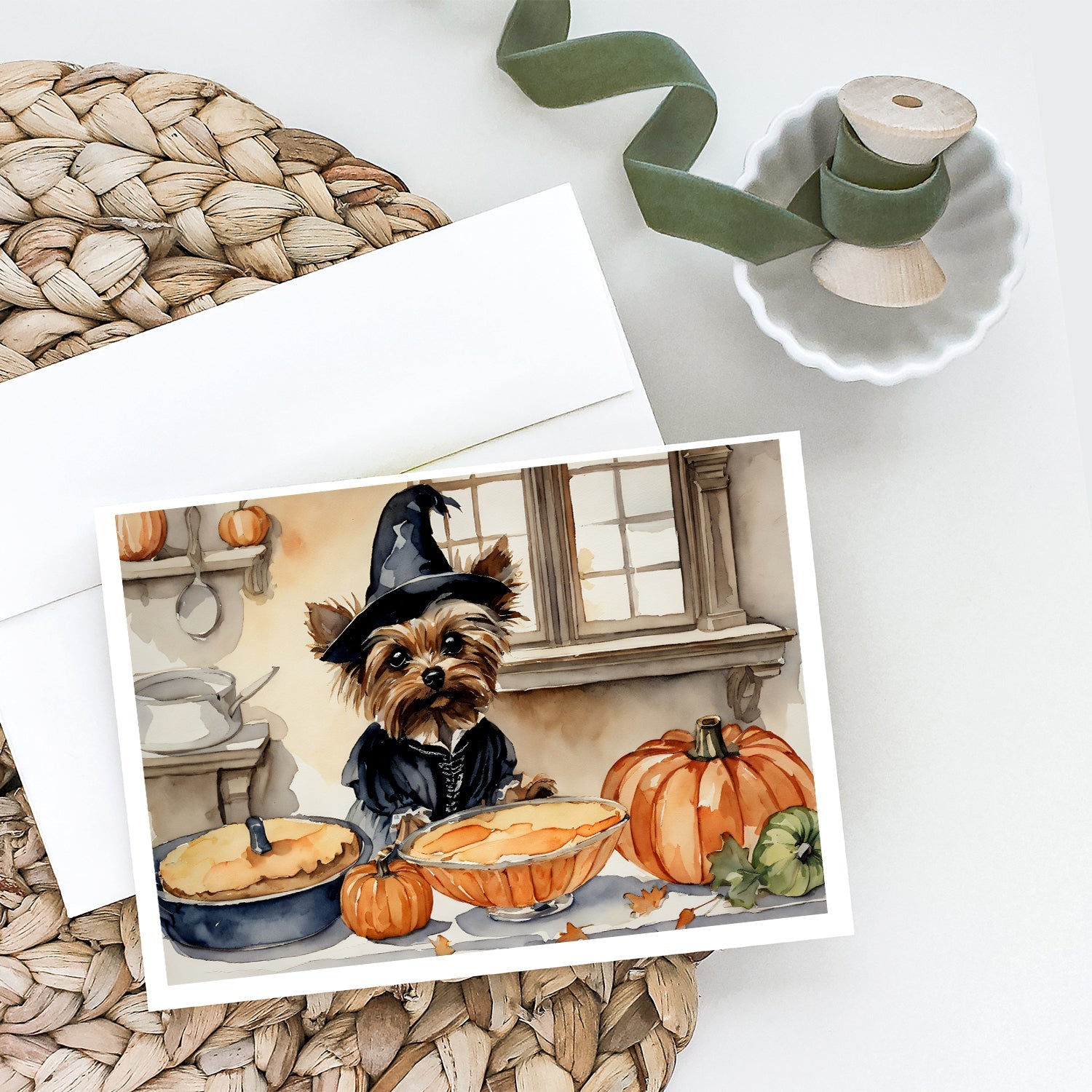 Yorkie Fall Kitchen Pumpkins Greeting Cards Pack of 8 Blank Cards with Envelopes Whimsical A7 Size 5x7