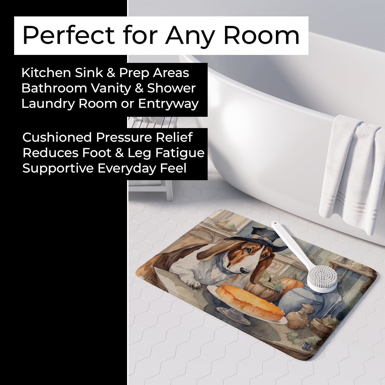 Basset Hound Fall Kitchen Pumpkins Memory Foam Kitchen Mat Machine Washable Anti-Fatigue Cushion Comfort Bath or Kitchen Rug