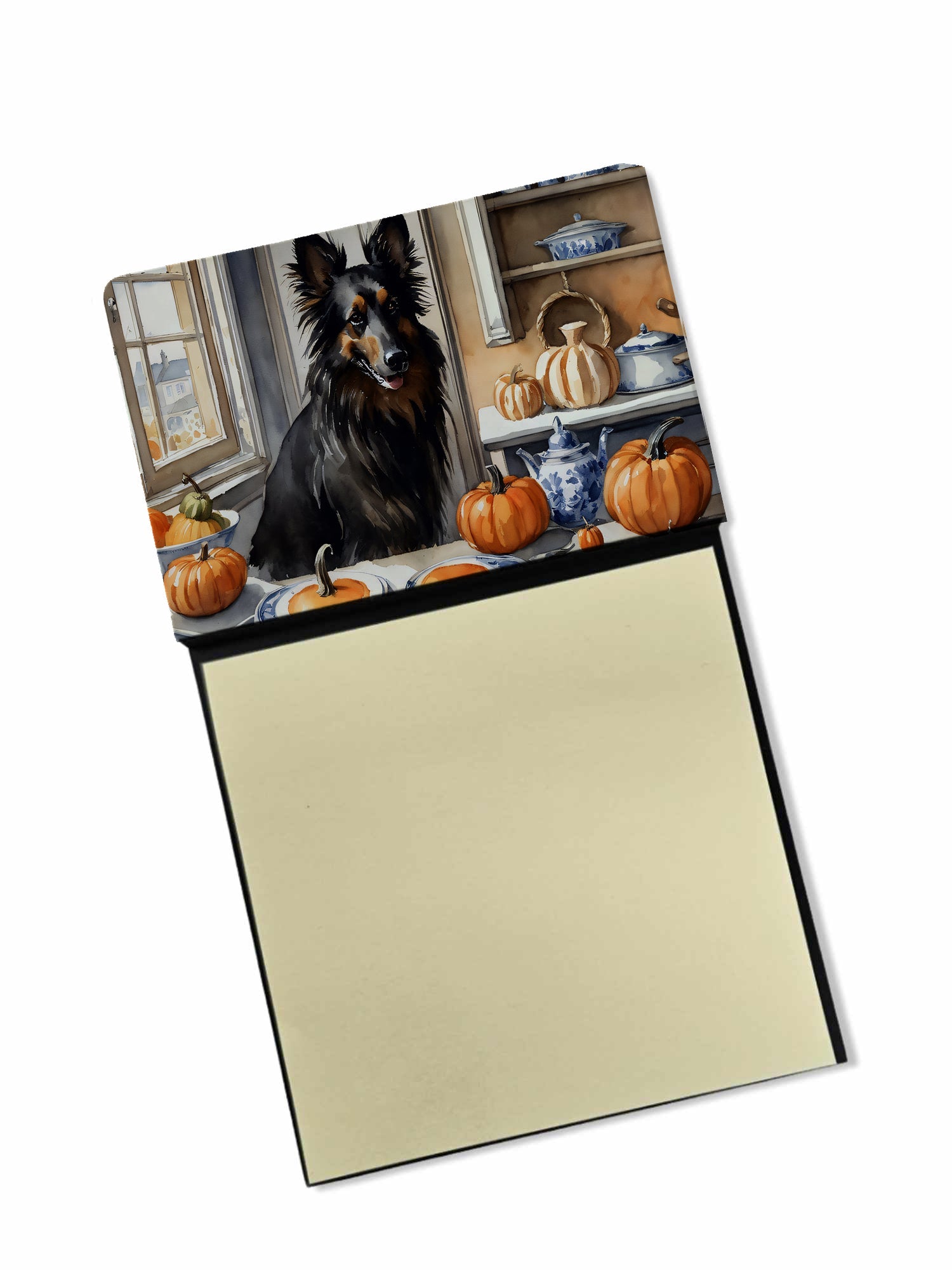 Belgian Sheepdog Fall Kitchen Pumpkins Watercolor Sticky Note Holder Refillable Dispenser Desk Accessory 3x3 Pad Gift