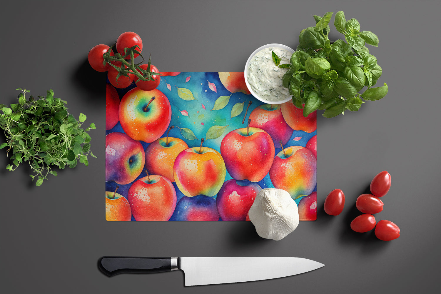 Colorful Apples Cutting Board Tempered Glass Kitchen Cutting Surface, Heat Resistant Chopping, Non-Slip Feet, Food Prep & Serving