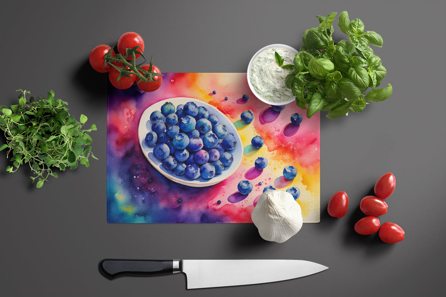 Colorful Blueberries Cutting Board Tempered Glass Kitchen Cutting Surface, Heat Resistant Chopping, Non-Slip Feet, Food Prep & Serving