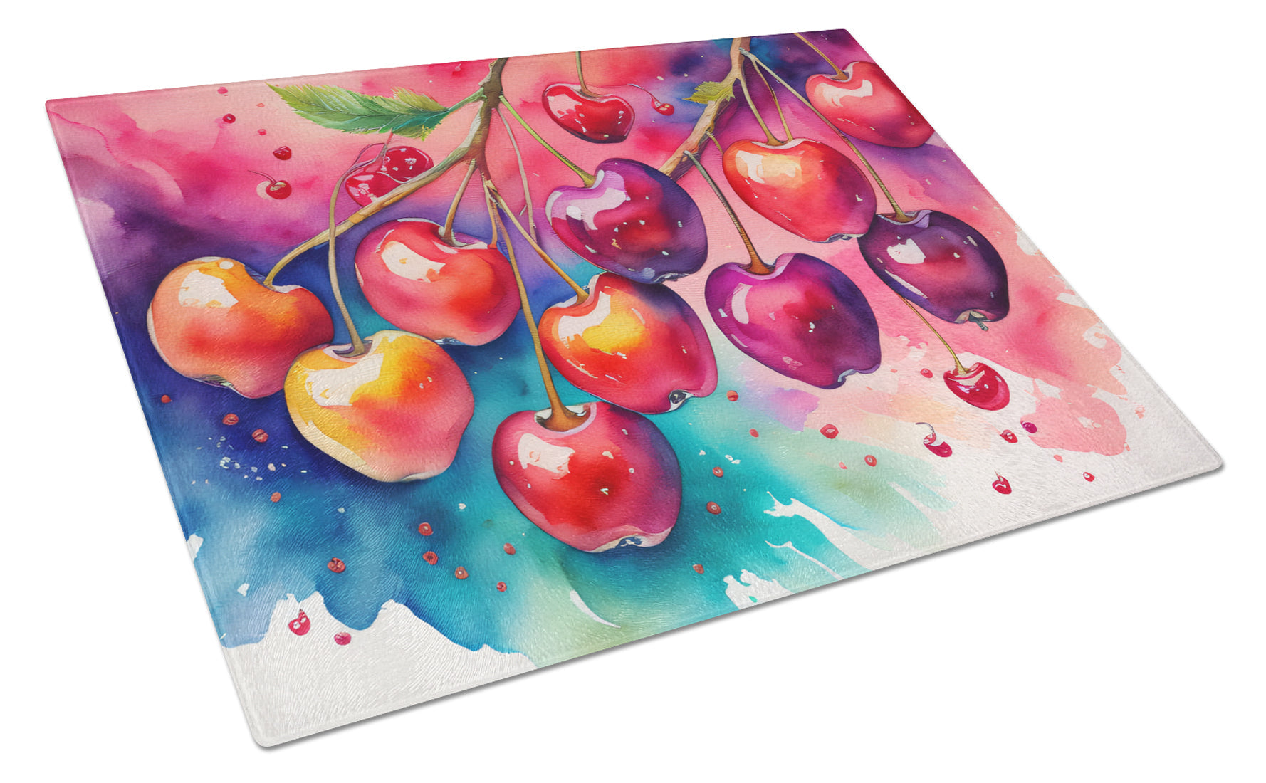 Colorful Cherries Cutting Board Tempered Glass Kitchen Cutting Surface, Heat Resistant Chopping, Non-Slip Feet, Food Prep & Serving