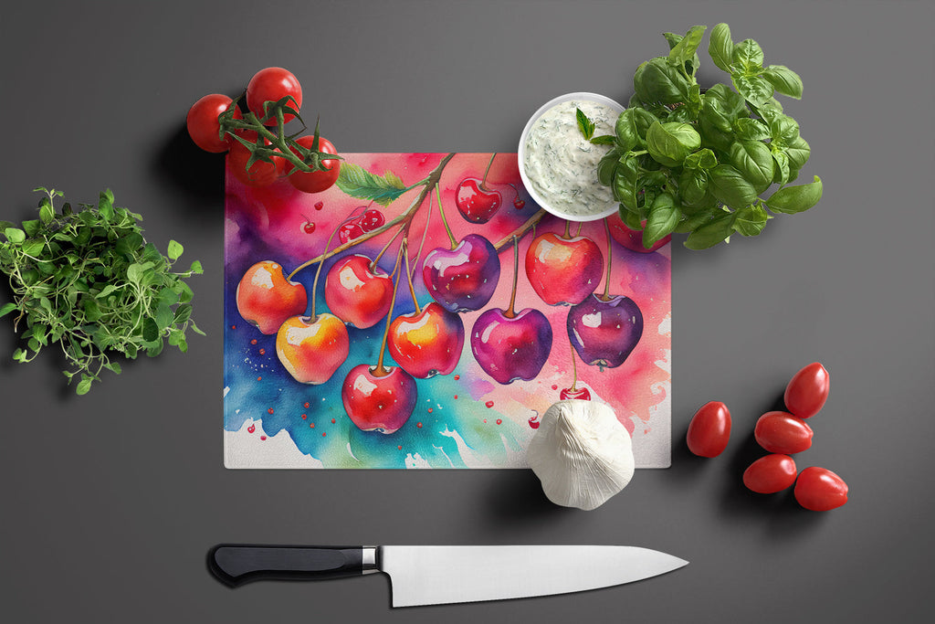Colorful Cherries Cutting Board Tempered Glass Kitchen Cutting Surface, Heat Resistant Chopping, Non-Slip Feet, Food Prep & Serving