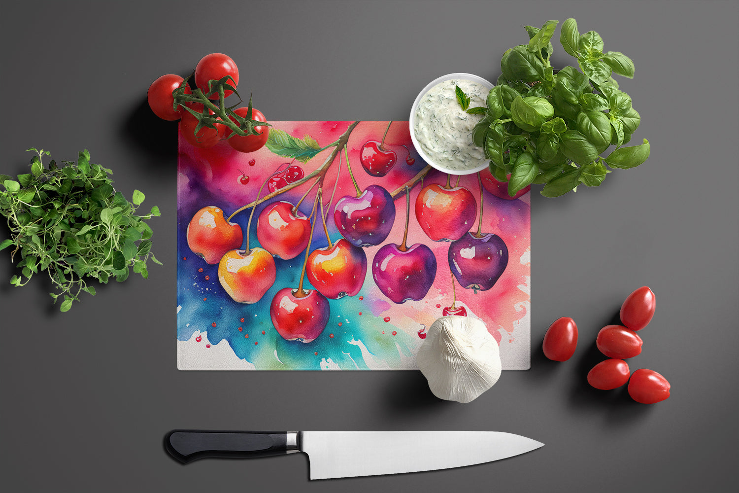 Colorful Cherries Cutting Board Tempered Glass Kitchen Cutting Surface, Heat Resistant Chopping, Non-Slip Feet, Food Prep & Serving