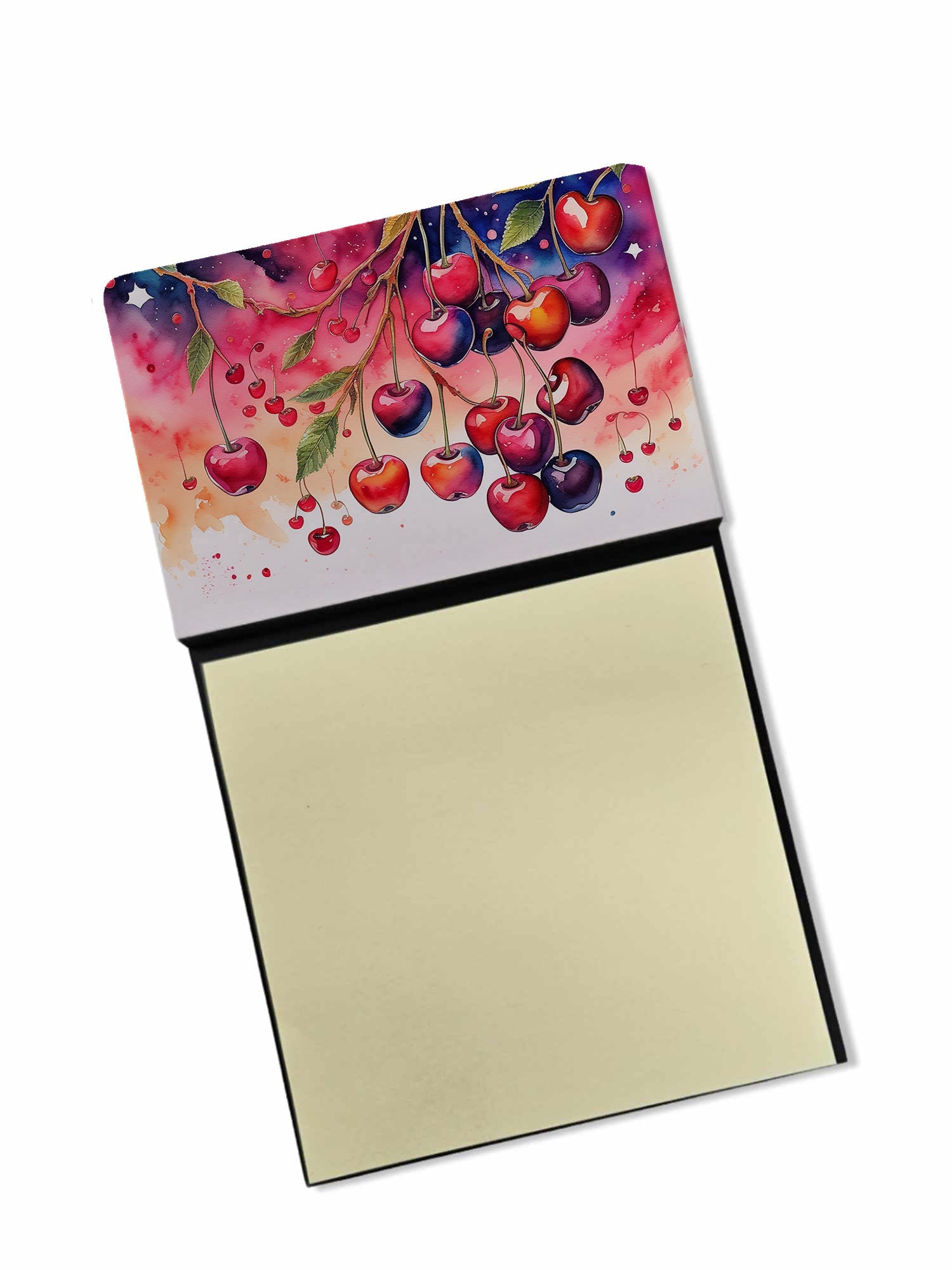 Colorful Cherries Watercolor Sticky Note Holder Refillable Dispenser Desk Accessory 3x3 Pad Gift