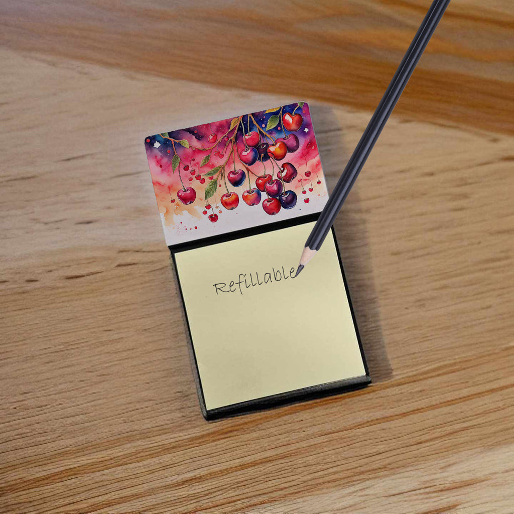 Colorful Cherries Watercolor Sticky Note Holder Refillable Dispenser Desk Accessory 3x3 Pad Gift