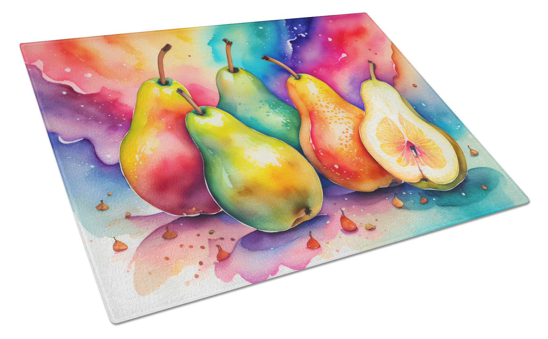 Colorful Pears Cutting Board Tempered Glass Kitchen Cutting Surface, Heat Resistant Chopping, Non-Slip Feet, Food Prep & Serving