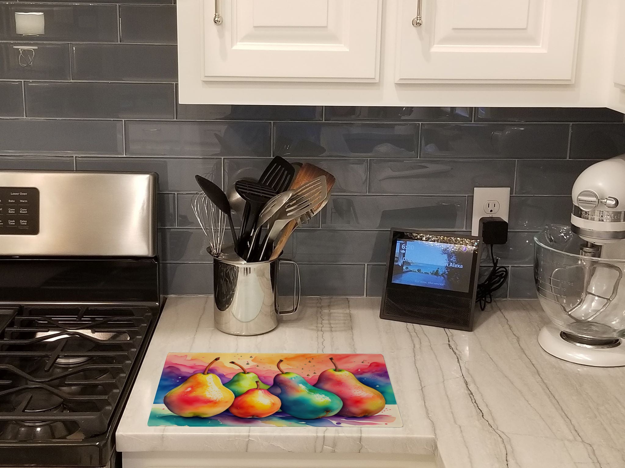 Colorful Pears Cutting Board Tempered Glass Kitchen Cutting Surface, Heat Resistant Chopping, Non-Slip Feet, Food Prep & Serving