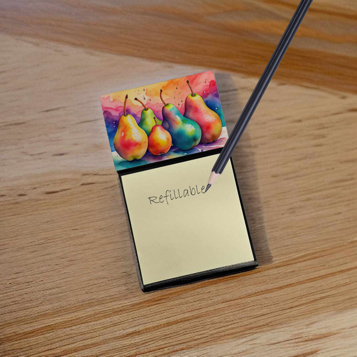 Colorful Pears Watercolor Sticky Note Holder Refillable Dispenser Desk Accessory 3x3 Pad Gift