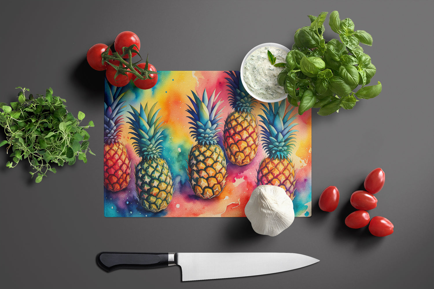 Colorful Pineapples Cutting Board Tempered Glass Kitchen Cutting Surface, Heat Resistant Chopping, Non-Slip Feet, Food Prep & Serving