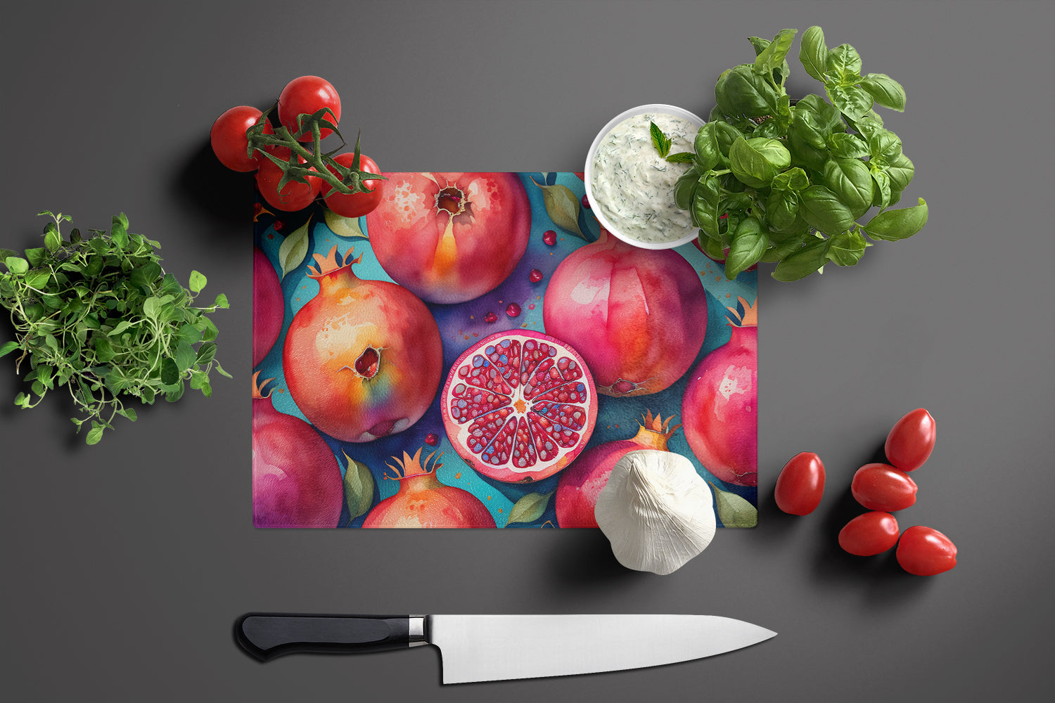 Colorful Pomegranates Cutting Board Tempered Glass Kitchen Cutting Surface, Heat Resistant Chopping, Non-Slip Feet, Food Prep & Serving