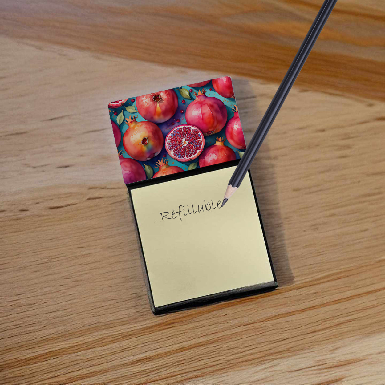 Colorful Pomegranates Watercolor Sticky Note Holder Refillable Dispenser Desk Accessory 3x3 Pad Gift