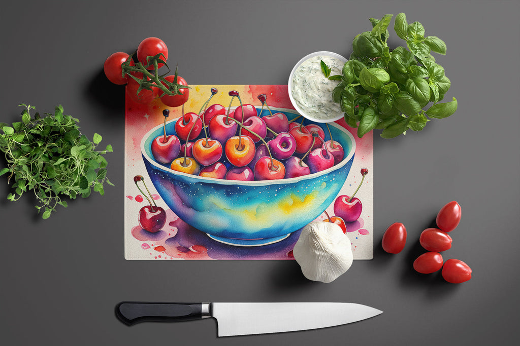 Colorful Cherries Cutting Board Tempered Glass Kitchen Cutting Surface, Heat Resistant Chopping, Non-Slip Feet, Food Prep & Serving