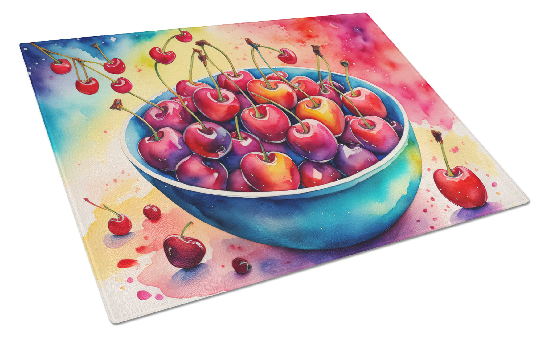 Colorful Cherries Cutting Board Tempered Glass Kitchen Cutting Surface, Heat Resistant Chopping, Non-Slip Feet, Food Prep & Serving