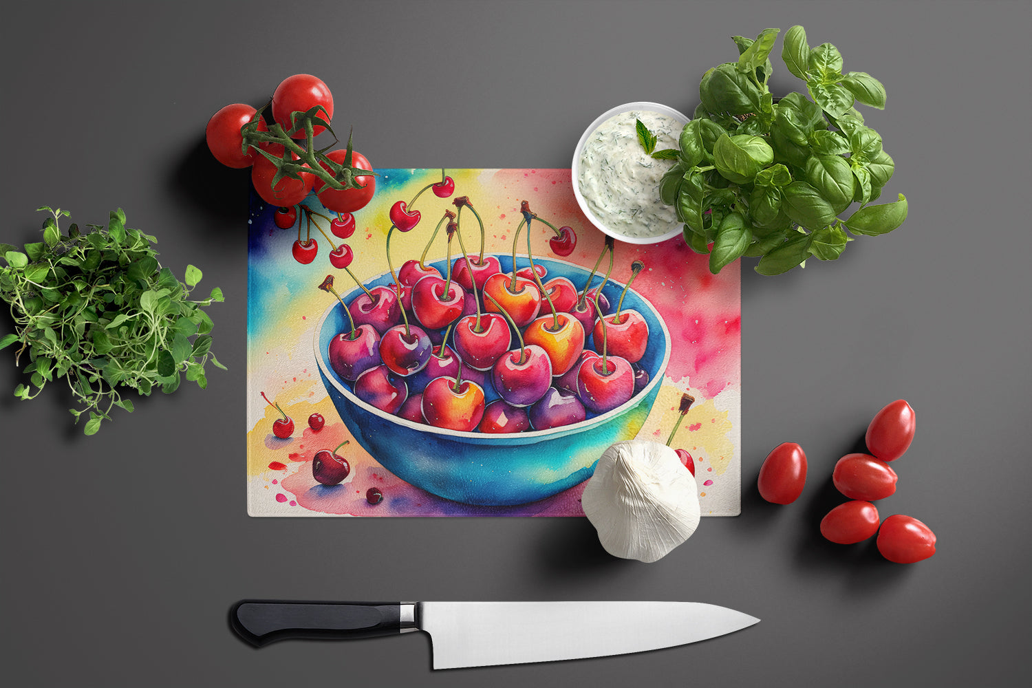 Colorful Cherries Cutting Board Tempered Glass Kitchen Cutting Surface, Heat Resistant Chopping, Non-Slip Feet, Food Prep & Serving