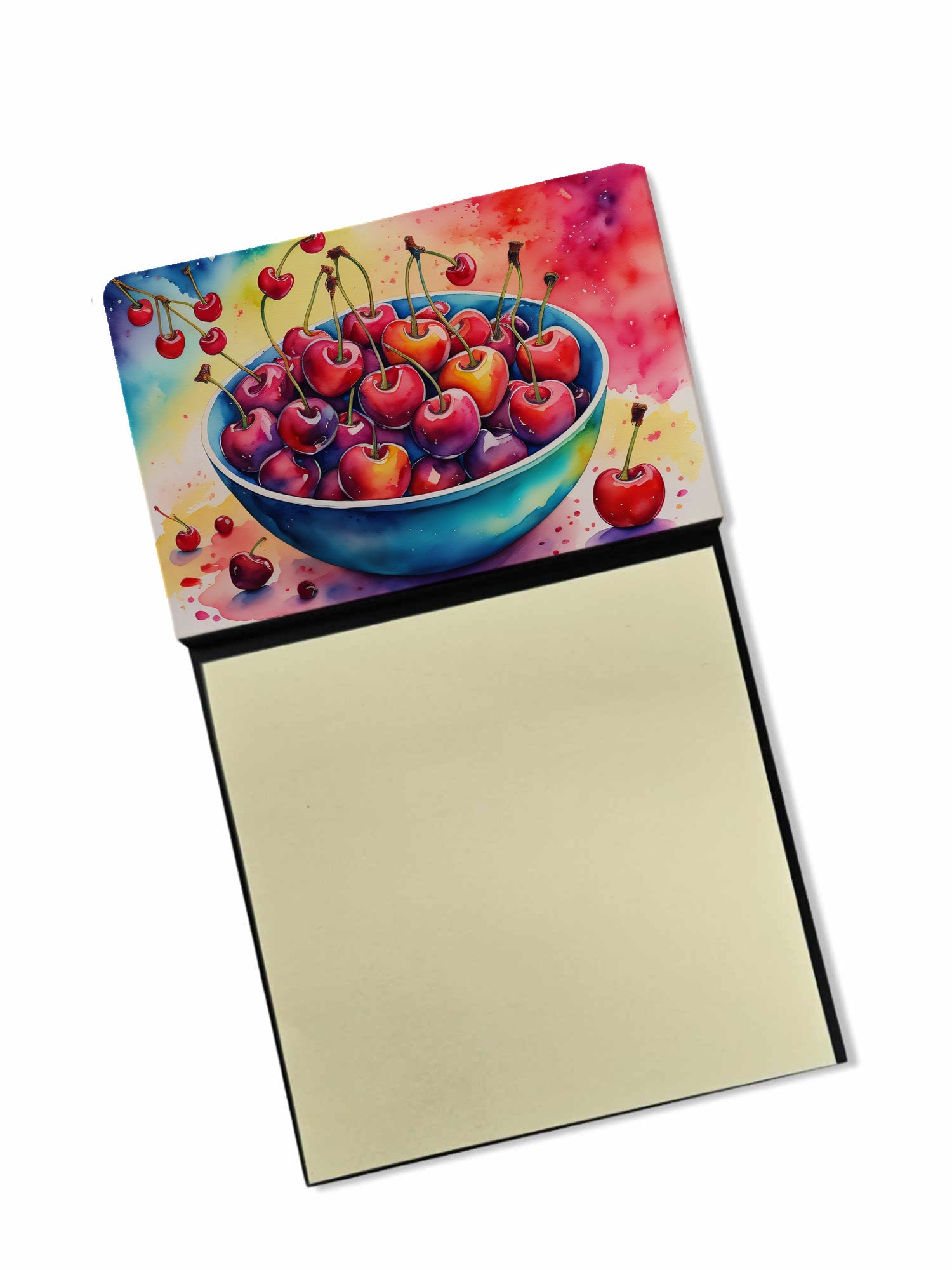 Colorful Cherries Watercolor Sticky Note Holder Refillable Dispenser Desk Accessory 3x3 Pad Gift