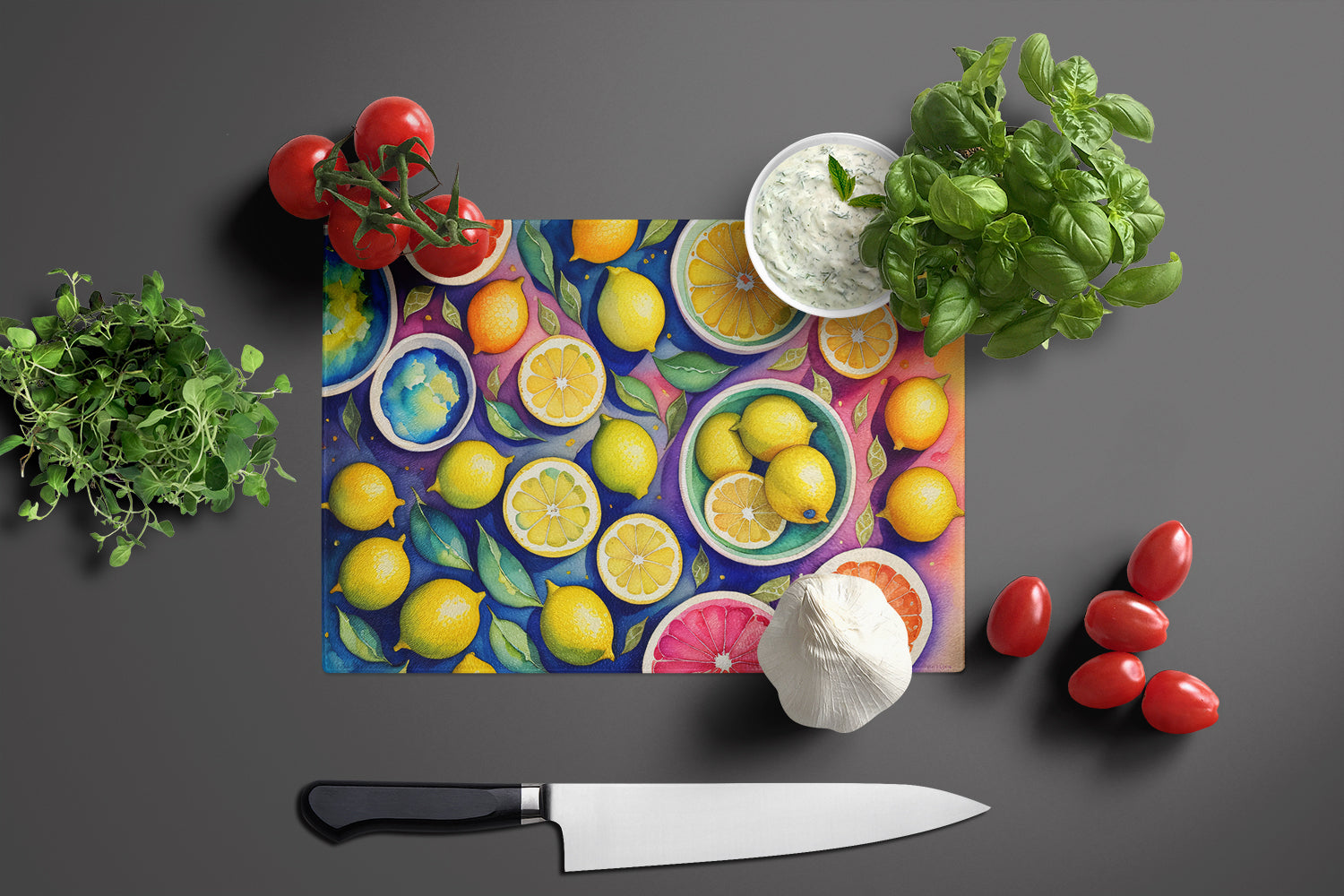 Colorful Lemons Cutting Board Tempered Glass Kitchen Cutting Surface, Heat Resistant Chopping, Non-Slip Feet, Food Prep & Serving