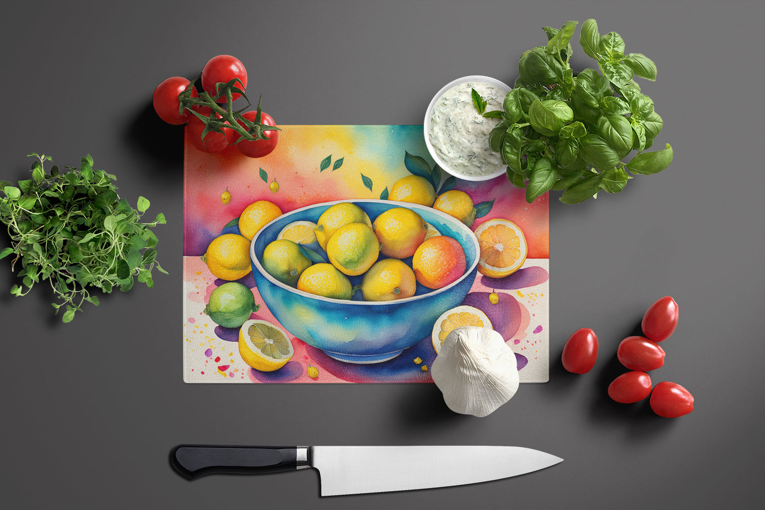 Colorful Lemons Cutting Board Tempered Glass Kitchen Cutting Surface, Heat Resistant Chopping, Non-Slip Feet, Food Prep & Serving