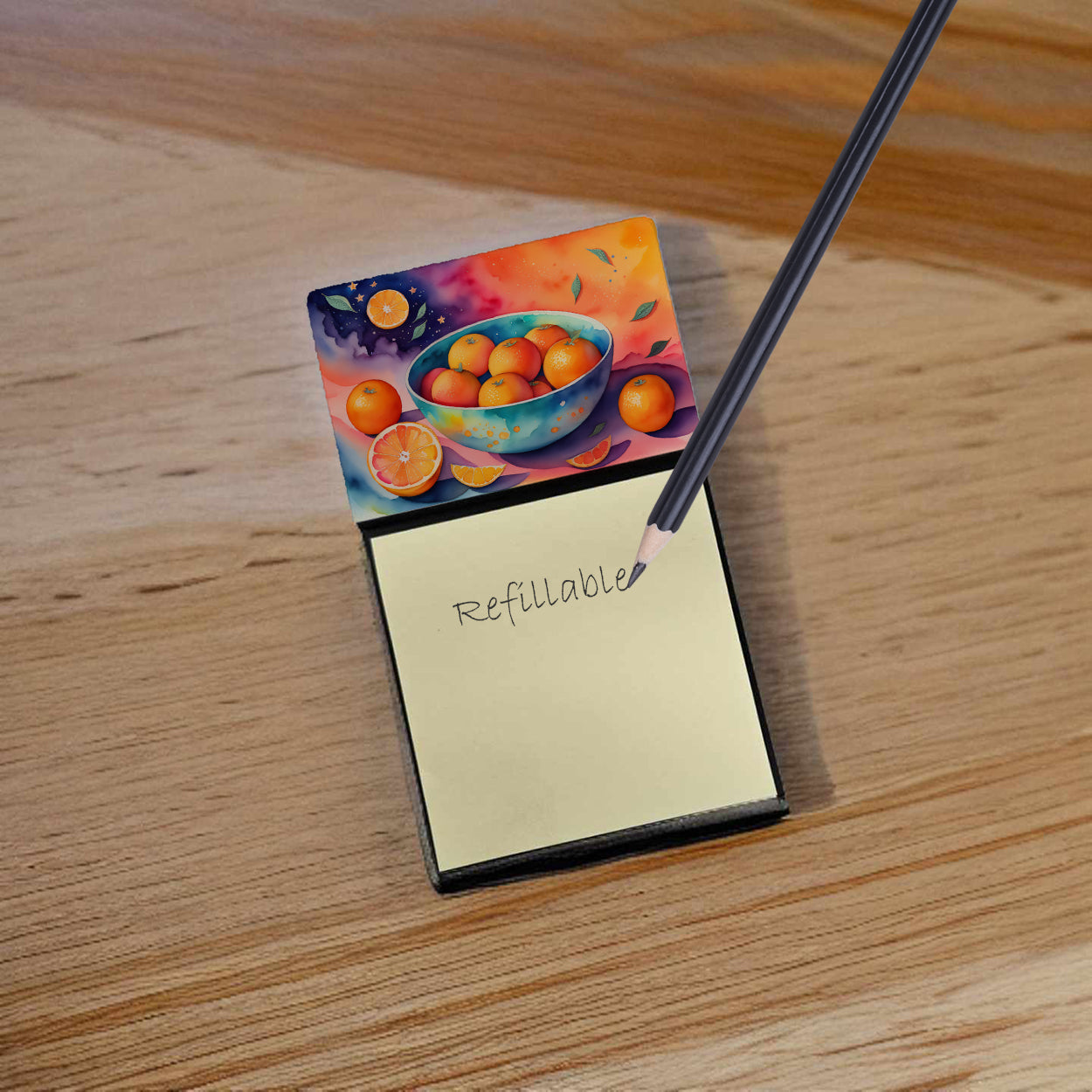 Colorful Oranges Watercolor Sticky Note Holder Refillable Dispenser Desk Accessory 3x3 Pad Gift