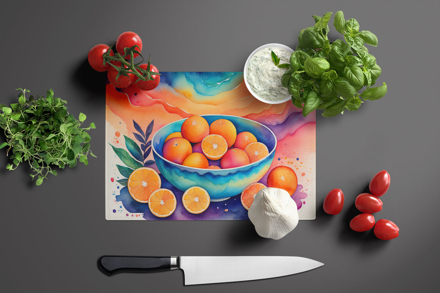 Colorful Oranges Cutting Board Tempered Glass Kitchen Cutting Surface, Heat Resistant Chopping, Non-Slip Feet, Food Prep & Serving