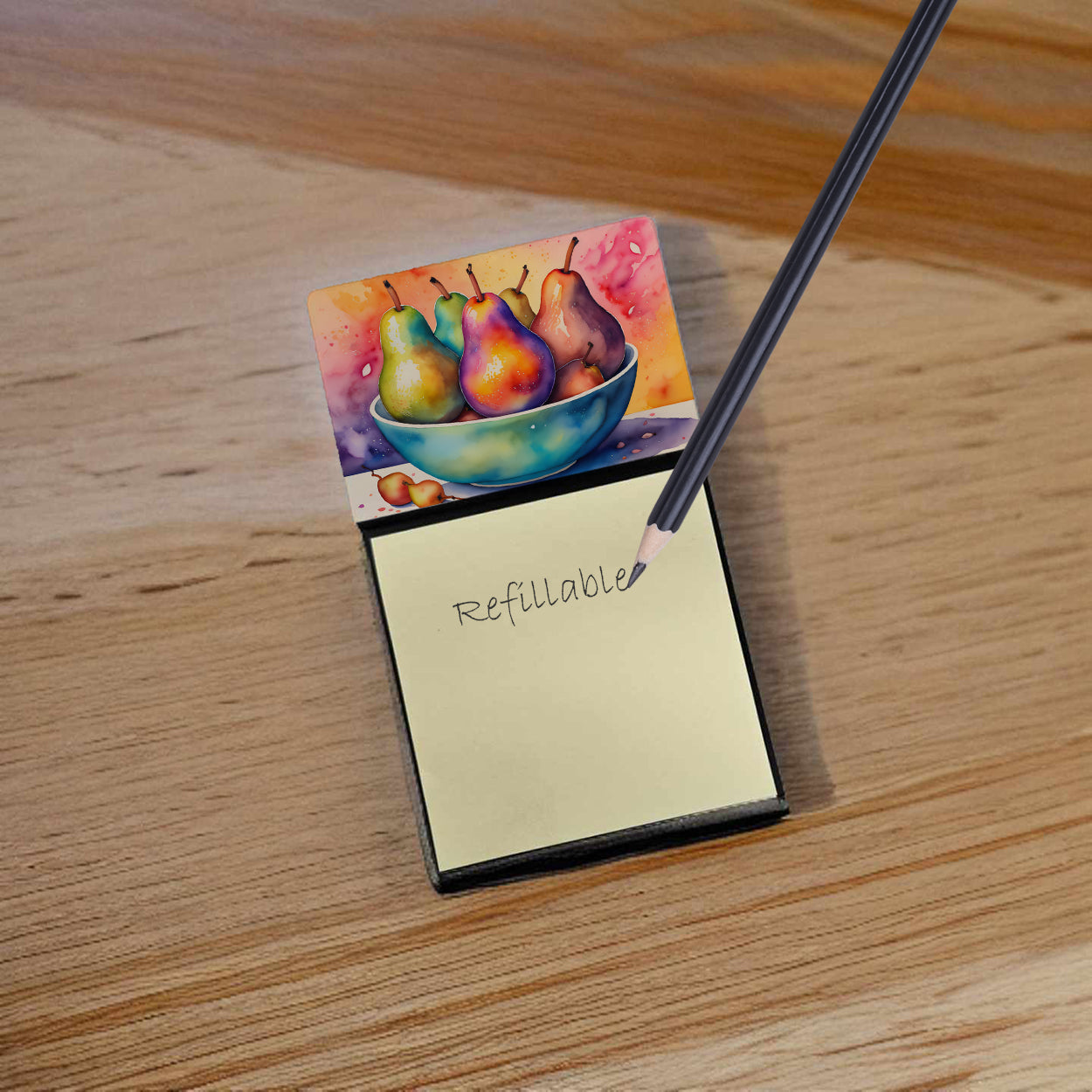 Colorful Pears Watercolor Sticky Note Holder Refillable Dispenser Desk Accessory 3x3 Pad Gift