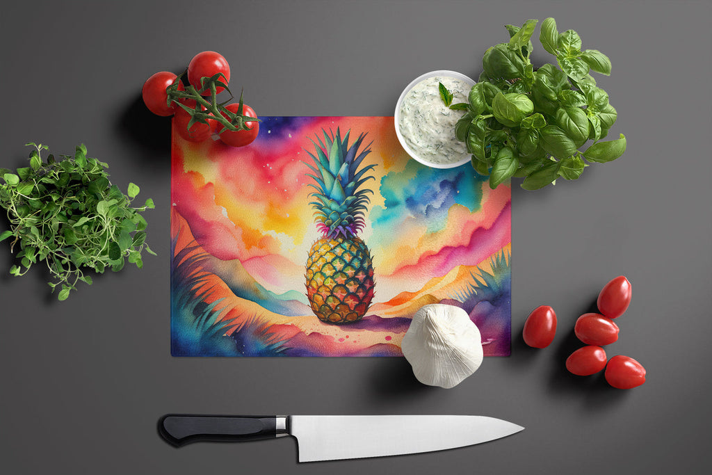 Colorful Pineapple Cutting Board Tempered Glass Kitchen Cutting Surface, Heat Resistant Chopping, Non-Slip Feet, Food Prep & Serving