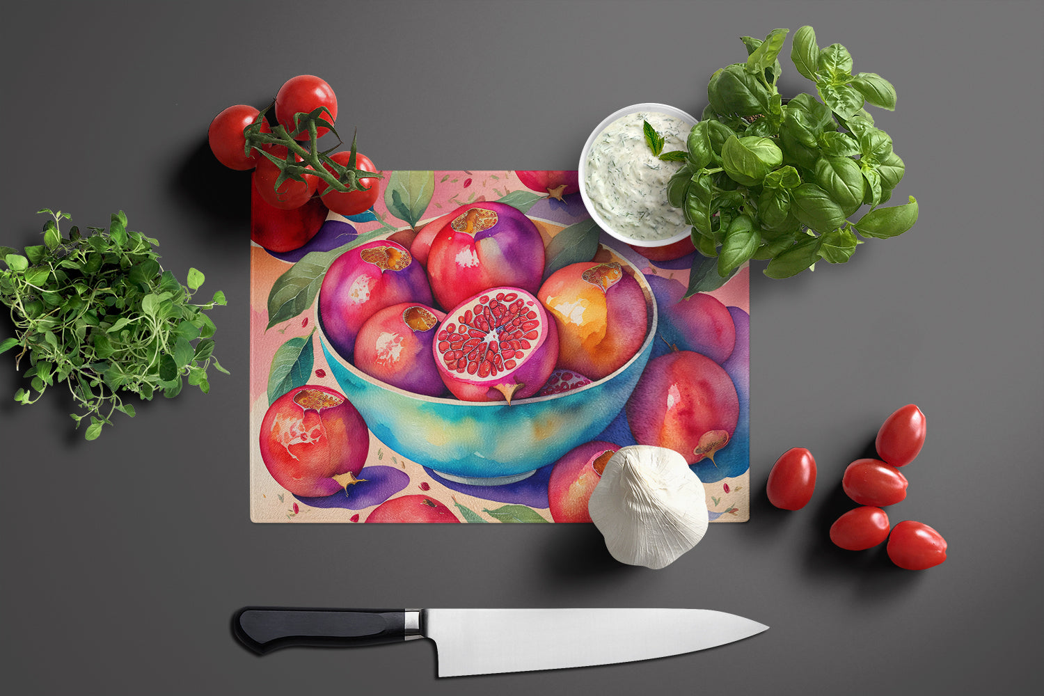 Colorful Pomegranates Cutting Board Tempered Glass Kitchen Cutting Surface, Heat Resistant Chopping, Non-Slip Feet, Food Prep & Serving
