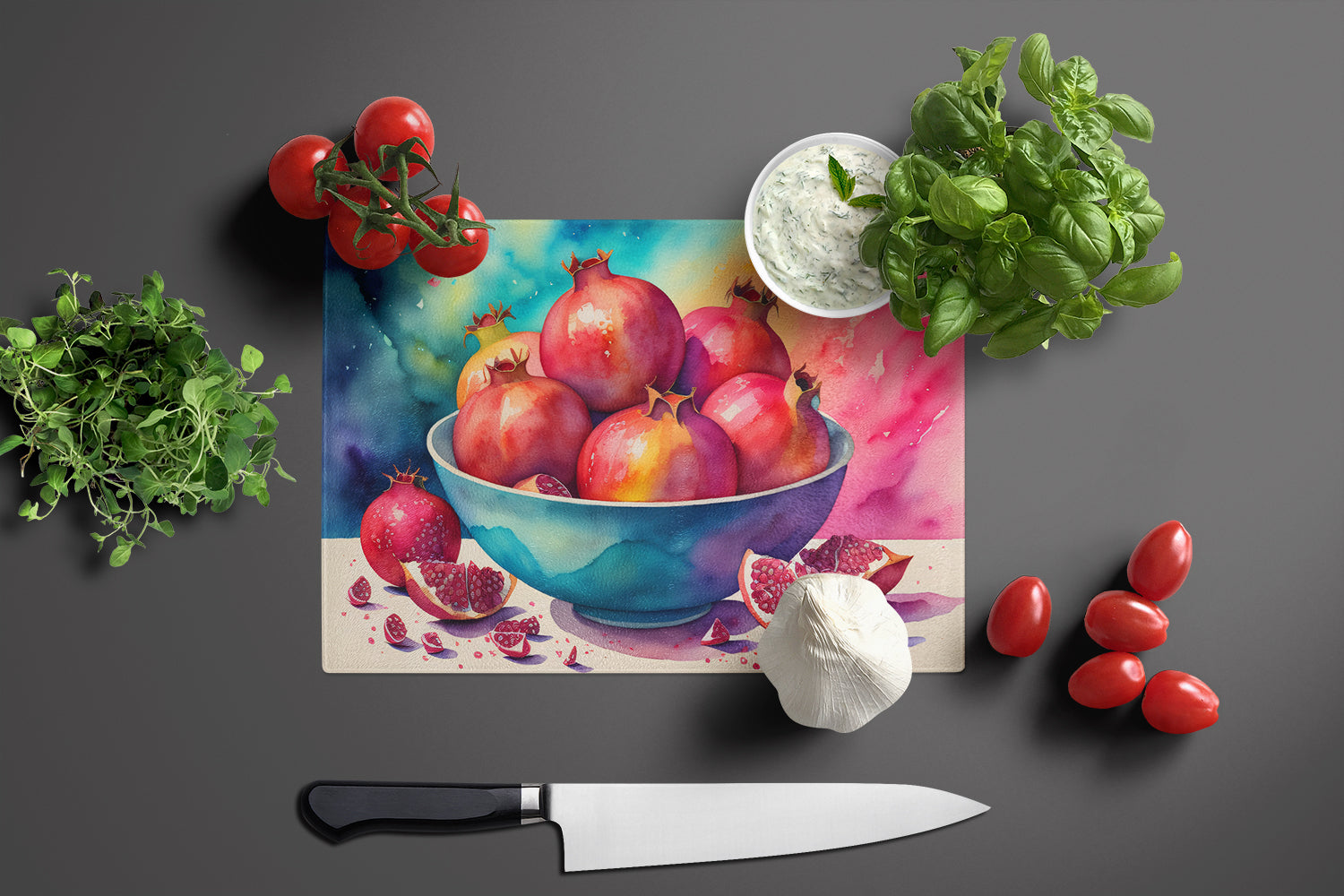 Colorful Pomegranates Cutting Board Tempered Glass Kitchen Cutting Surface, Heat Resistant Chopping, Non-Slip Feet, Food Prep & Serving
