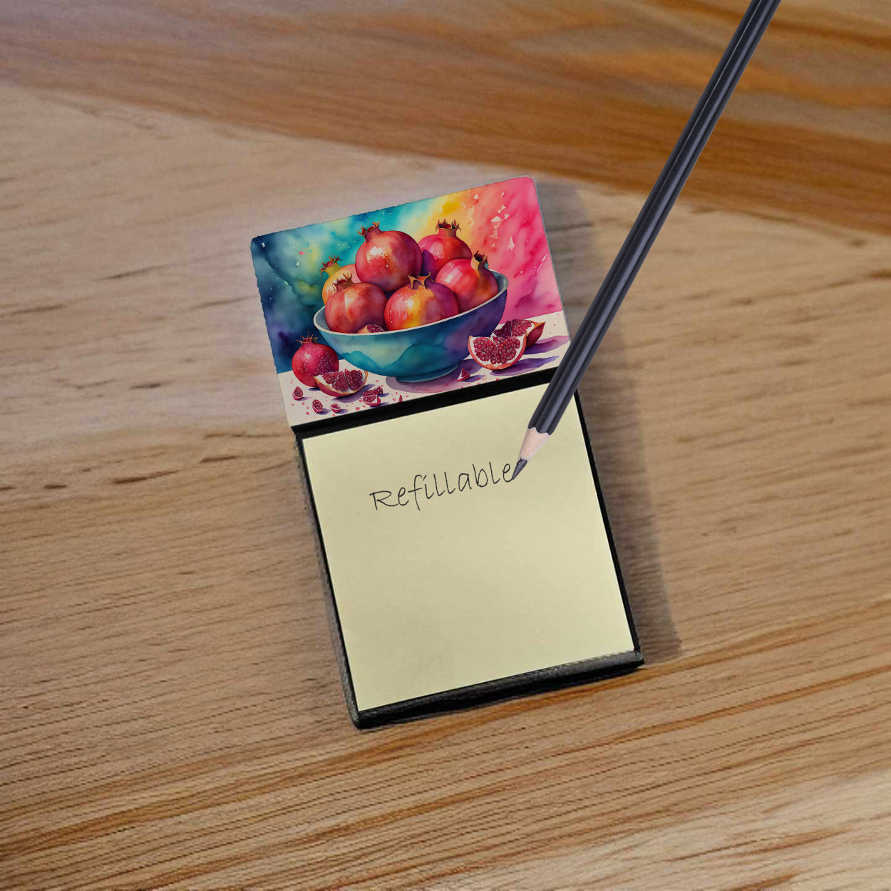 Colorful Pomegranates Watercolor Sticky Note Holder Refillable Dispenser Desk Accessory 3x3 Pad Gift