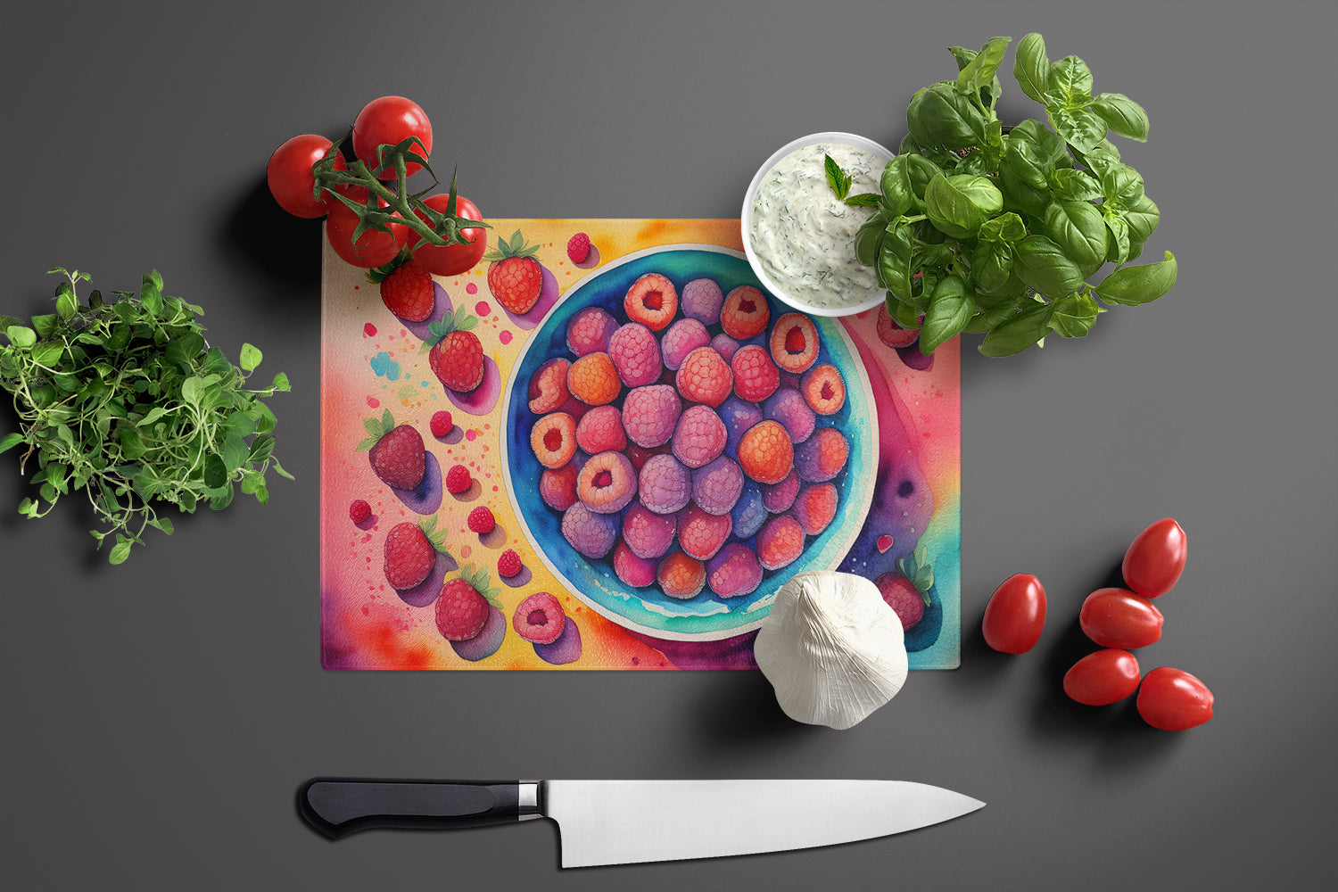 Colorful Raspberries Cutting Board Tempered Glass Kitchen Cutting Surface, Heat Resistant Chopping, Non-Slip Feet, Food Prep & Serving