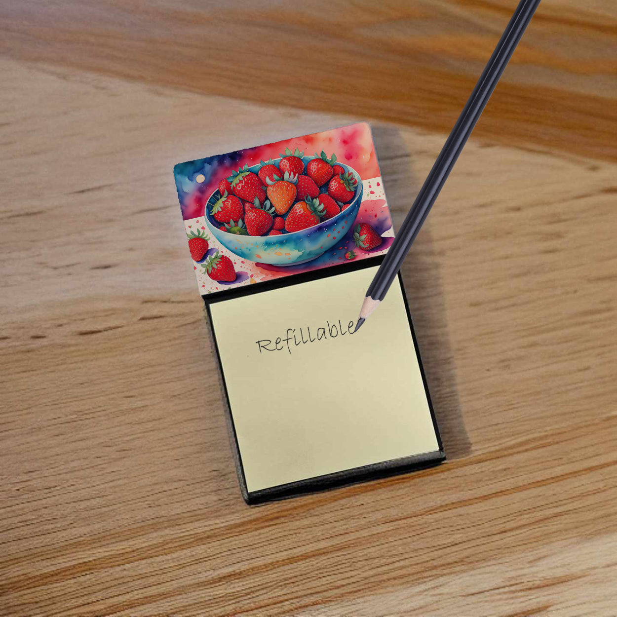 Colorful Strawberries Watercolor Sticky Note Holder Refillable Dispenser Desk Accessory 3x3 Pad Gift