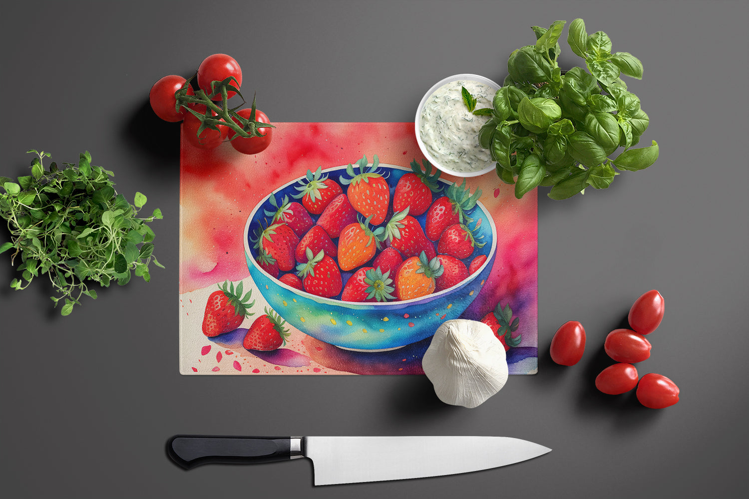 Colorful Strawberries Cutting Board Tempered Glass Kitchen Cutting Surface, Heat Resistant Chopping, Non-Slip Feet, Food Prep & Serving