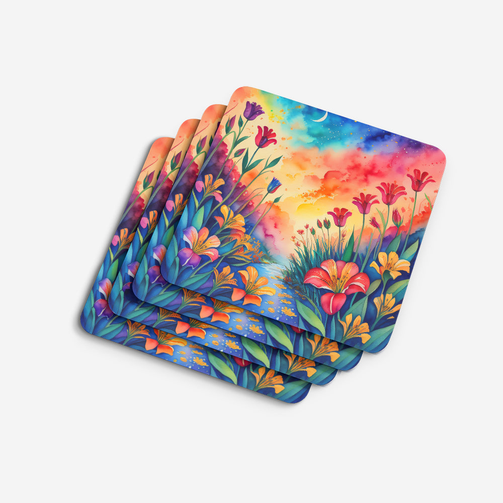Colorful Alstroemerias Foam Coasters Set of 4 Cup Coasters for Indoor Outdoor, Tabletop Protection, Anti Slip, Mouse pad Material