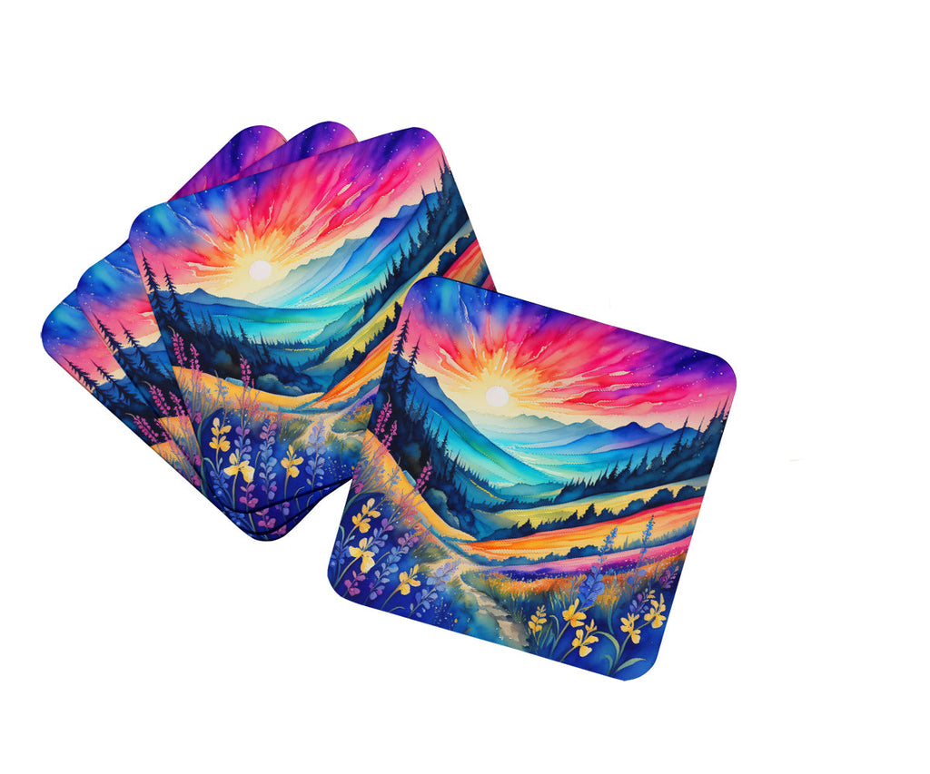Colorful Annual Larkspur Foam Coasters Set of 4 Cup Coasters for Indoor Outdoor, Tabletop Protection, Anti Slip, Mouse pad Material