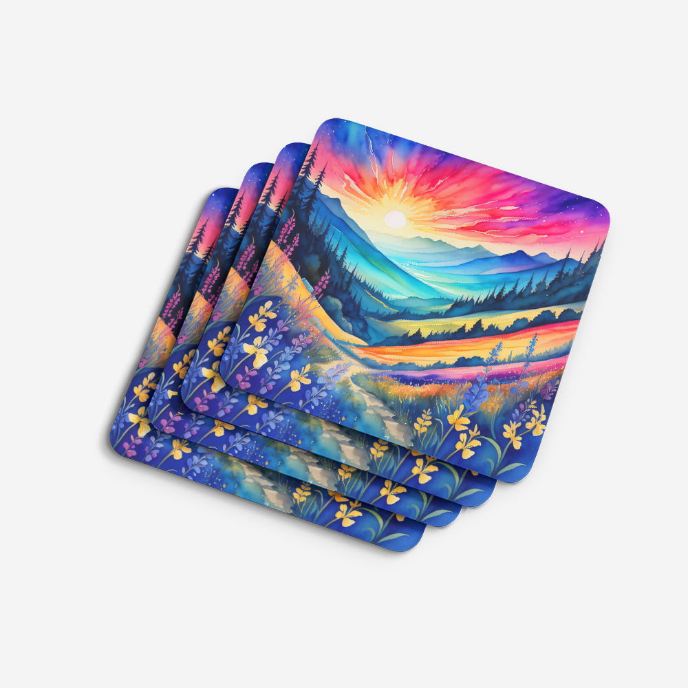 Colorful Annual Larkspur Foam Coasters Set of 4 Cup Coasters for Indoor Outdoor, Tabletop Protection, Anti Slip, Mouse pad Material