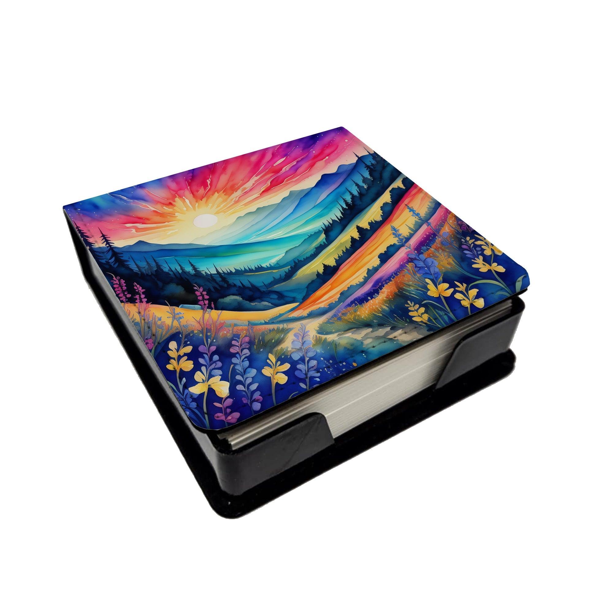 Colorful Annual Larkspur PU Leather Note Paper Holder with Artist-Designed Cover, Desk Accessory, Office Gift