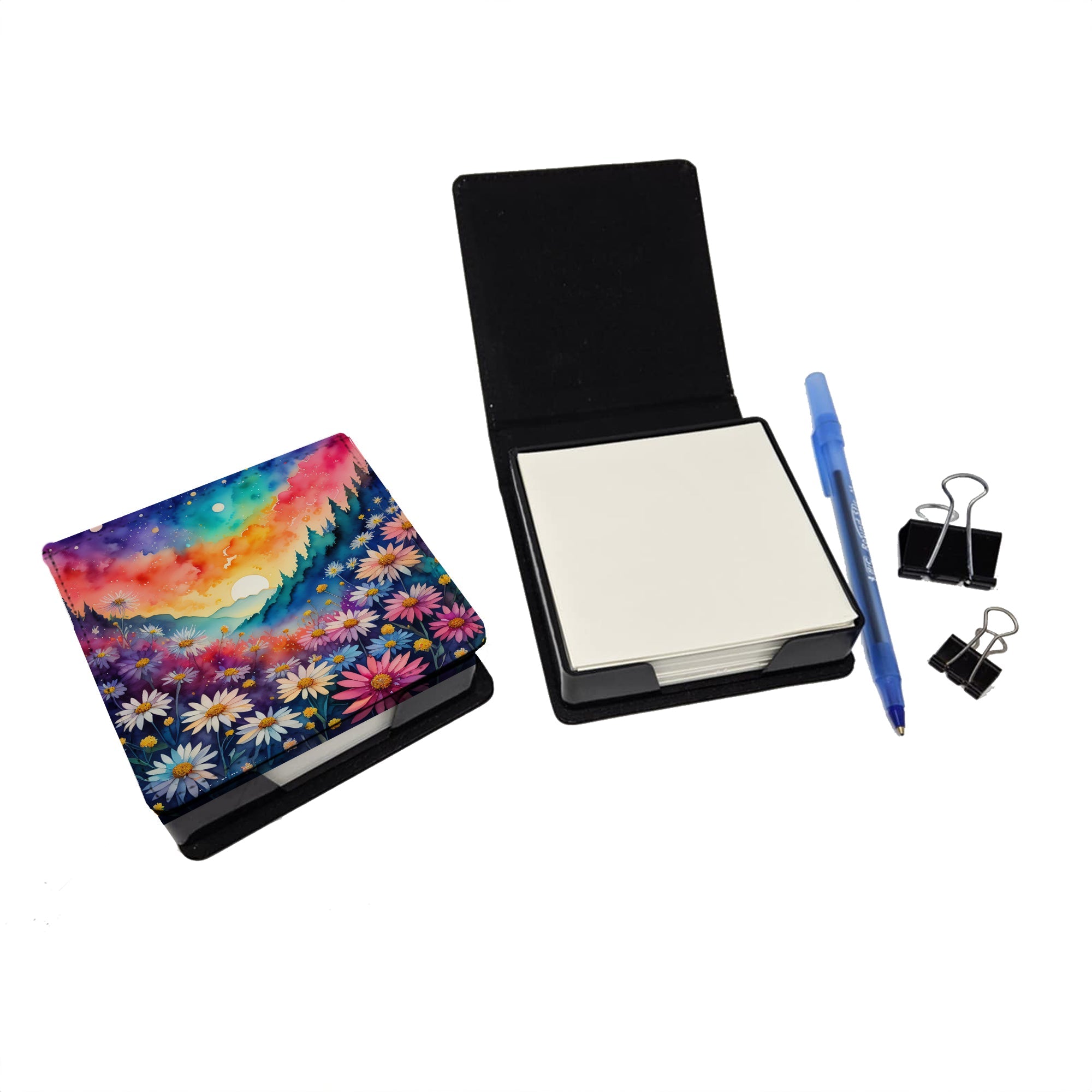 Colorful Asters PU Leather Note Paper Holder with Artist-Designed Cover, Desk Accessory, Office Gift