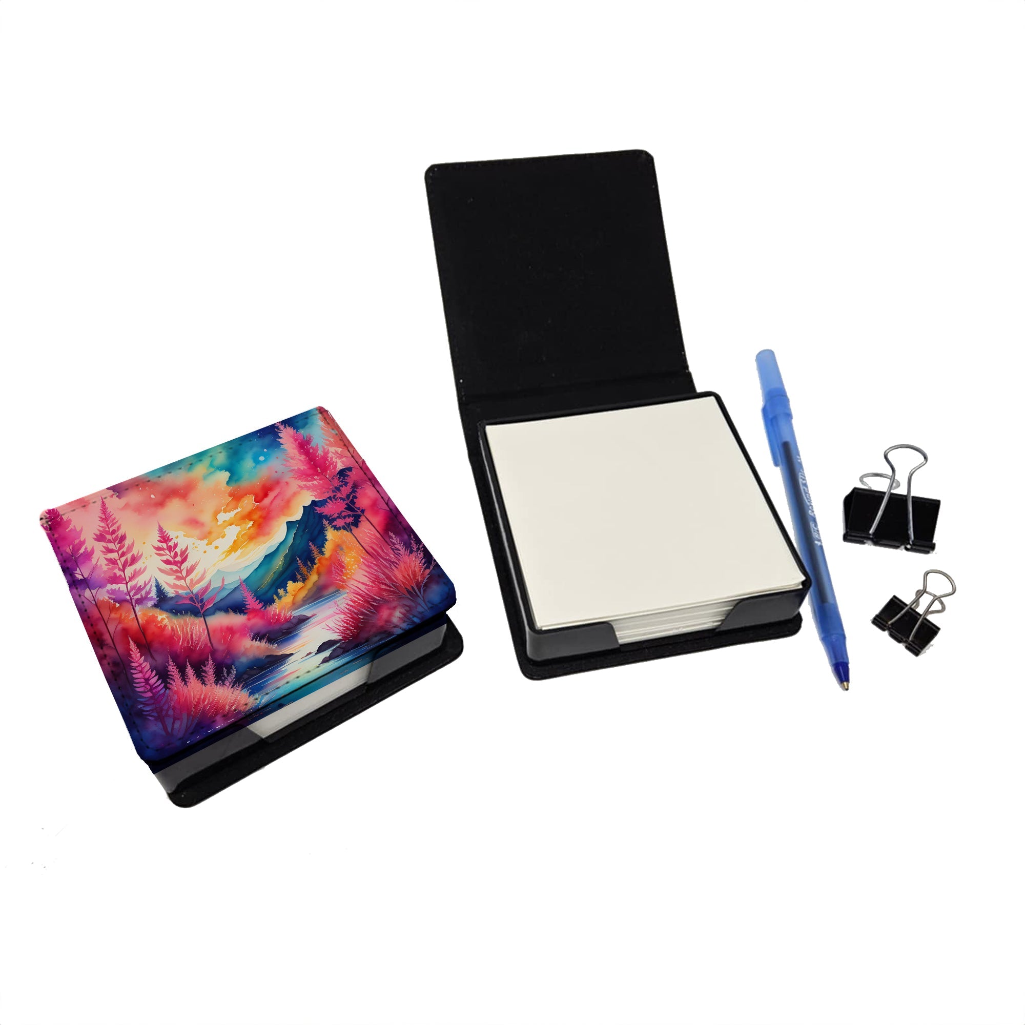Colorful Astilbe PU Leather Note Paper Holder with Artist-Designed Cover, Desk Accessory, Office Gift