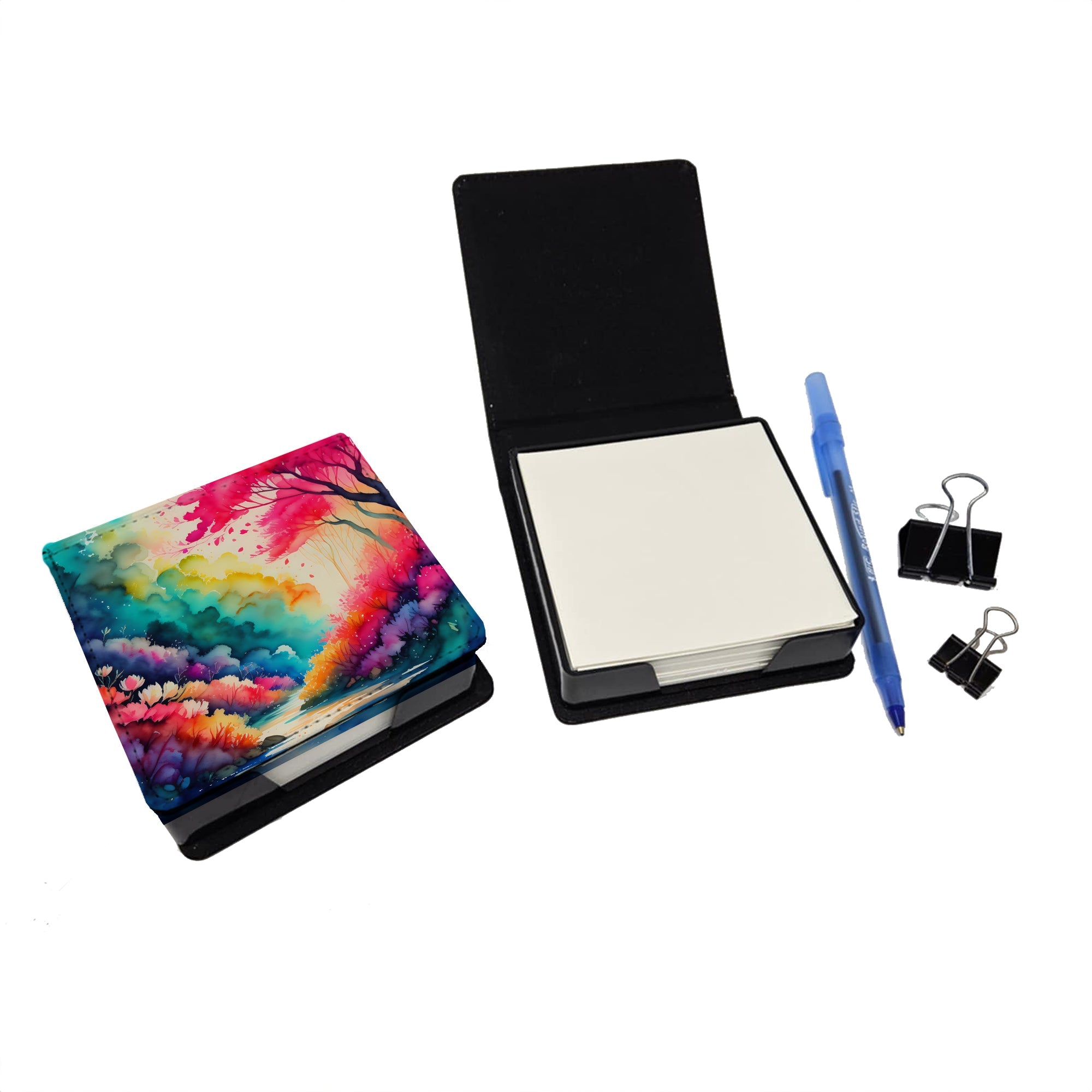 Colorful Azaleas PU Leather Note Paper Holder with Artist-Designed Cover, Desk Accessory, Office Gift
