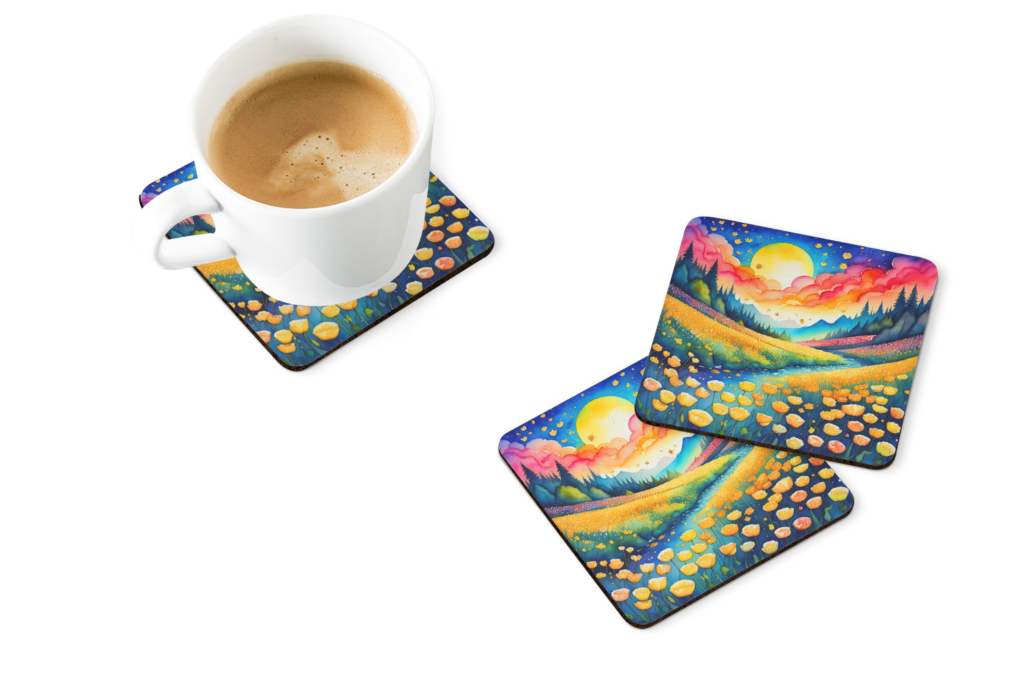 Colorful Buttercups Foam Coasters Set of 4 Cup Coasters for Indoor Outdoor, Tabletop Protection, Anti Slip, Mouse pad Material
