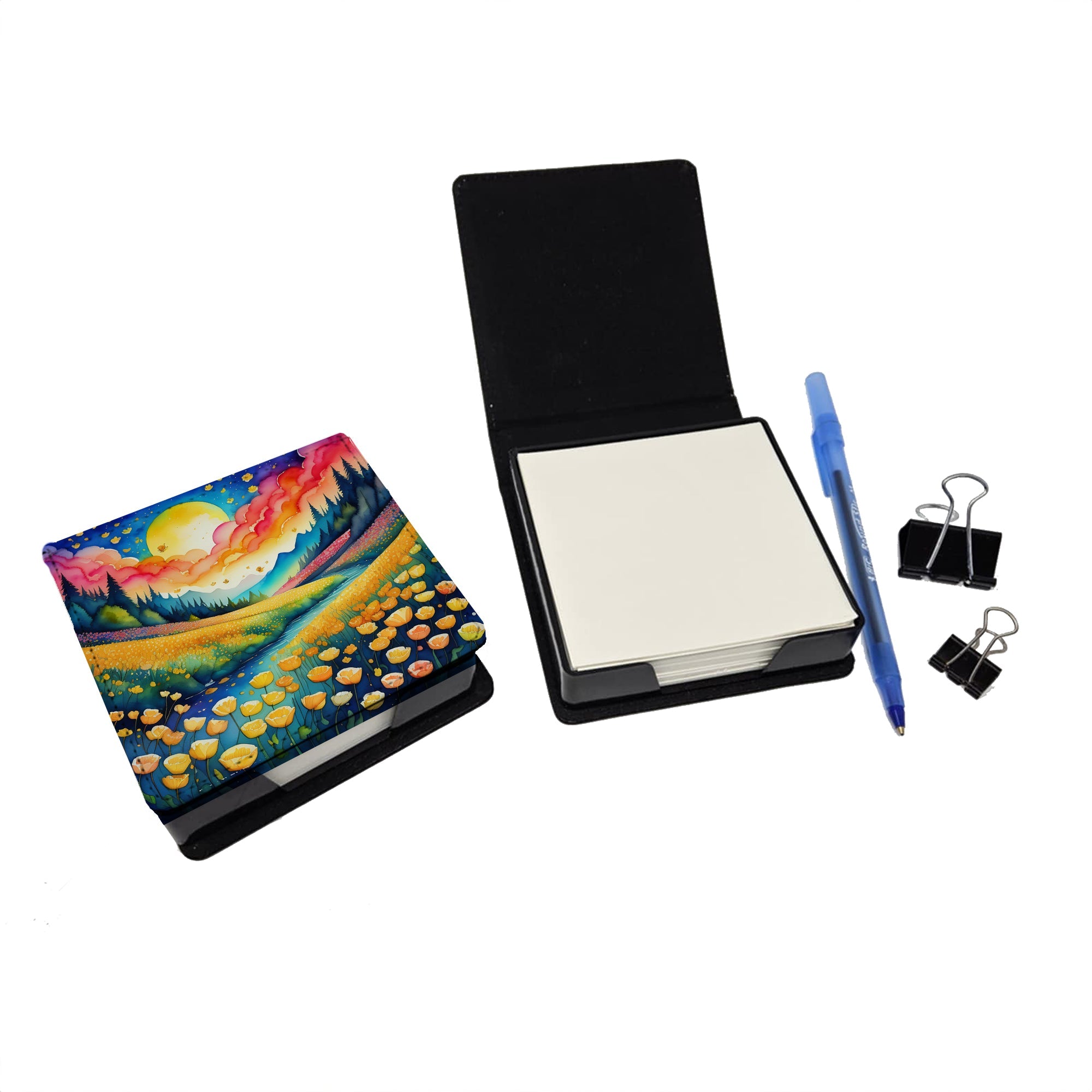 Colorful Buttercups PU Leather Note Paper Holder with Artist-Designed Cover, Desk Accessory, Office Gift