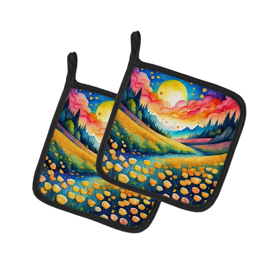 Colorful Buttercups Pot Holder Set of 2 Heat Resistant Quilted Hot Pads 7.5 x 7.5 Inch, Insulated Kitchen Trivets for Cooking & Baking