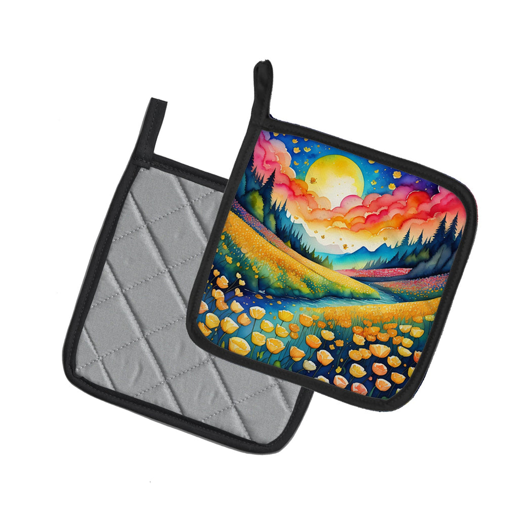 Colorful Buttercups Pot Holder Set of 2 Heat Resistant Quilted Hot Pads 7.5 x 7.5 Inch, Insulated Kitchen Trivets for Cooking & Baking